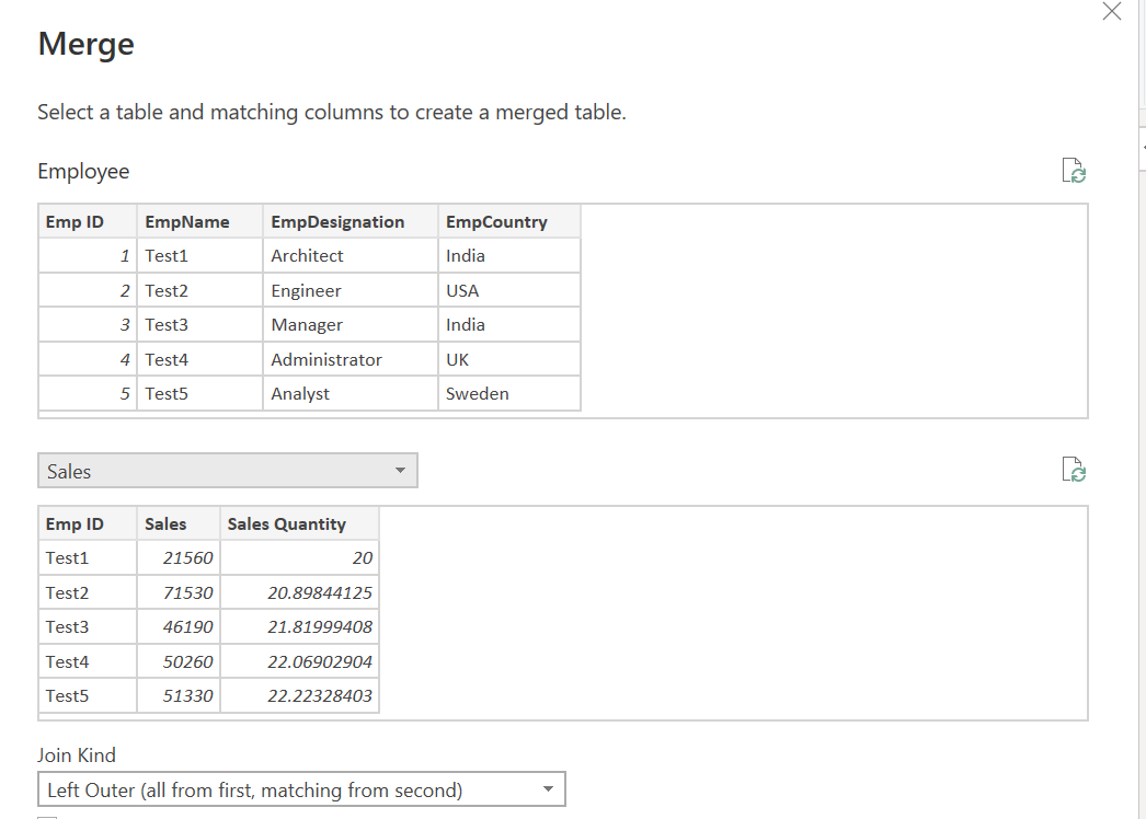 employee and sales tables merge power bi