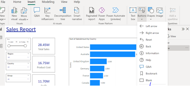 connect a bookmark to a button in PowerBI step 1