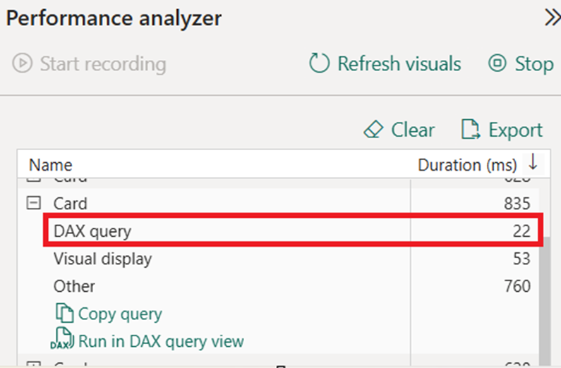 Power BI performance analyser