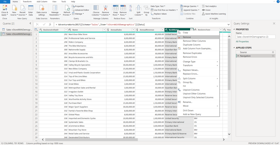How to remove a column in Power Query
