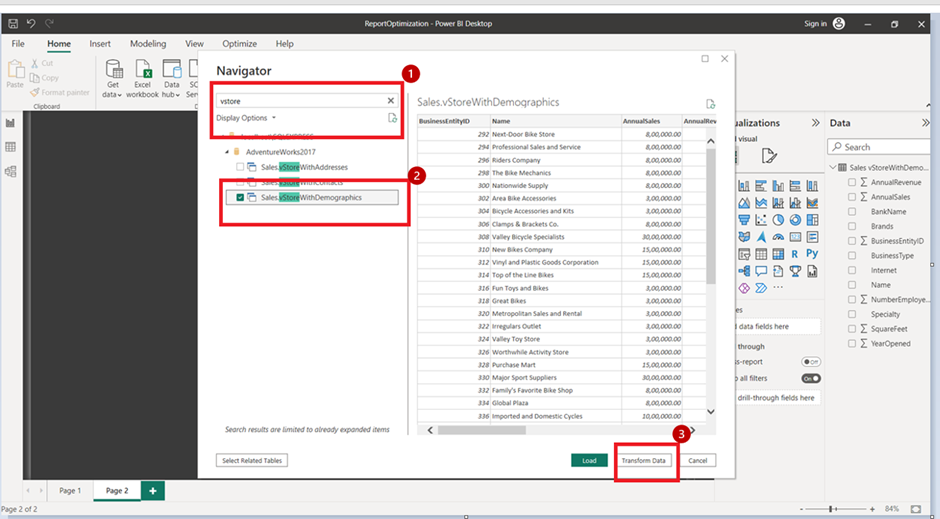 Power BI table navigation menu