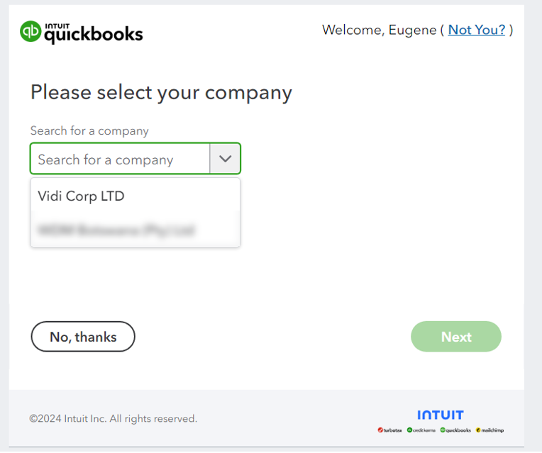 Selecting new company to add in Vidi Power BI QuickBooks Online Connector
