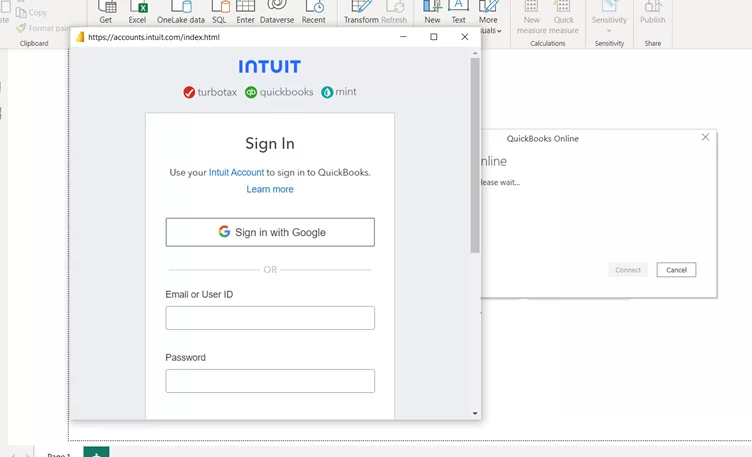 Credentials window in the native Quickbooks Power BI connector