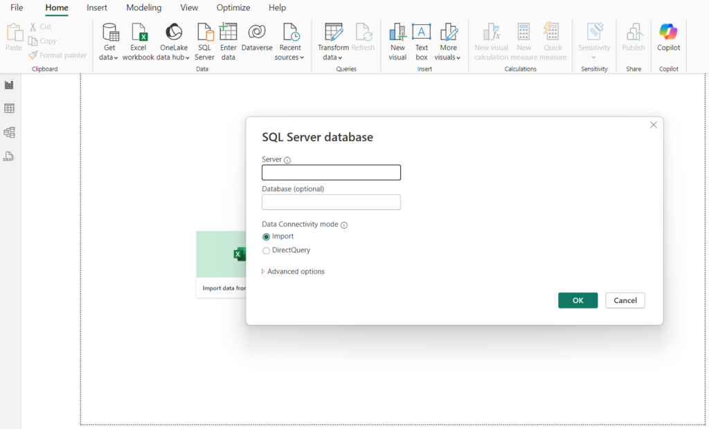 Power BI window for connecting to the database 