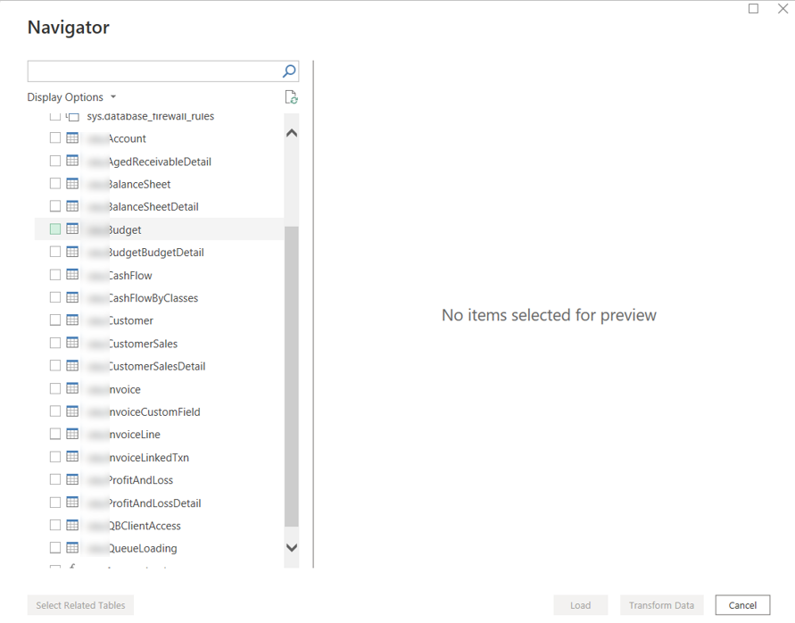 The list of tables inside the Vidi Power BI Quickbooks Online Connector