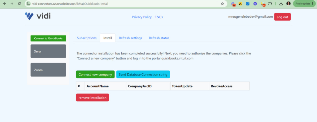Adding new company in the Vidi Power BI QuickBooks Online Connector