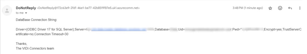 Email containing the database connection string