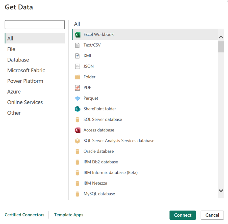 Menu do Conector do Power BI