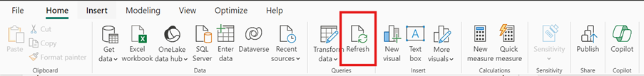 Menu inicial do Power BI destacando o botão de atualização
