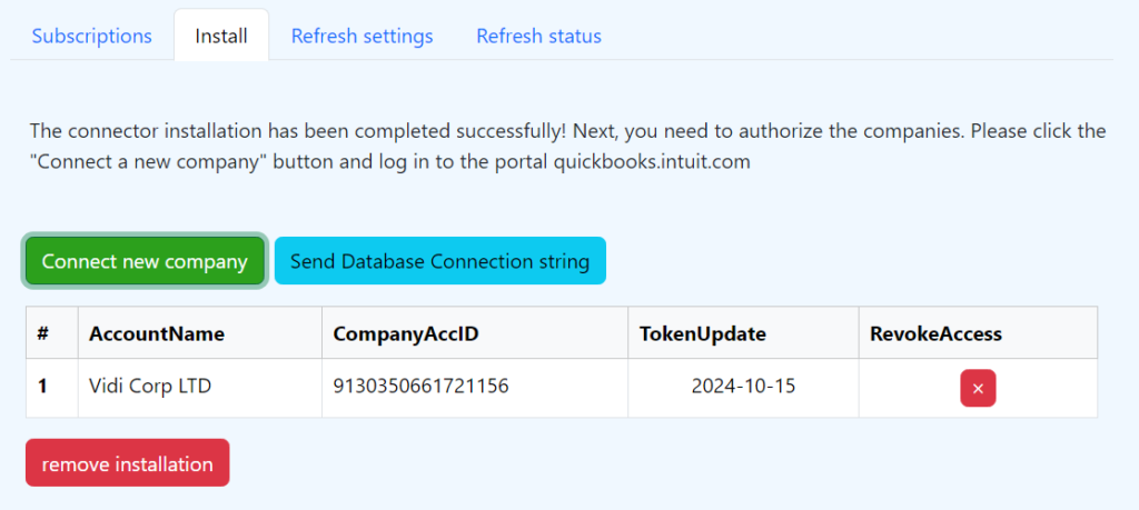 Successful connection of the new company in Vidi Power BI Quickbooks Online connector