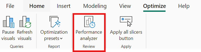 Ícone do Analisador de Desempenho do Power BI