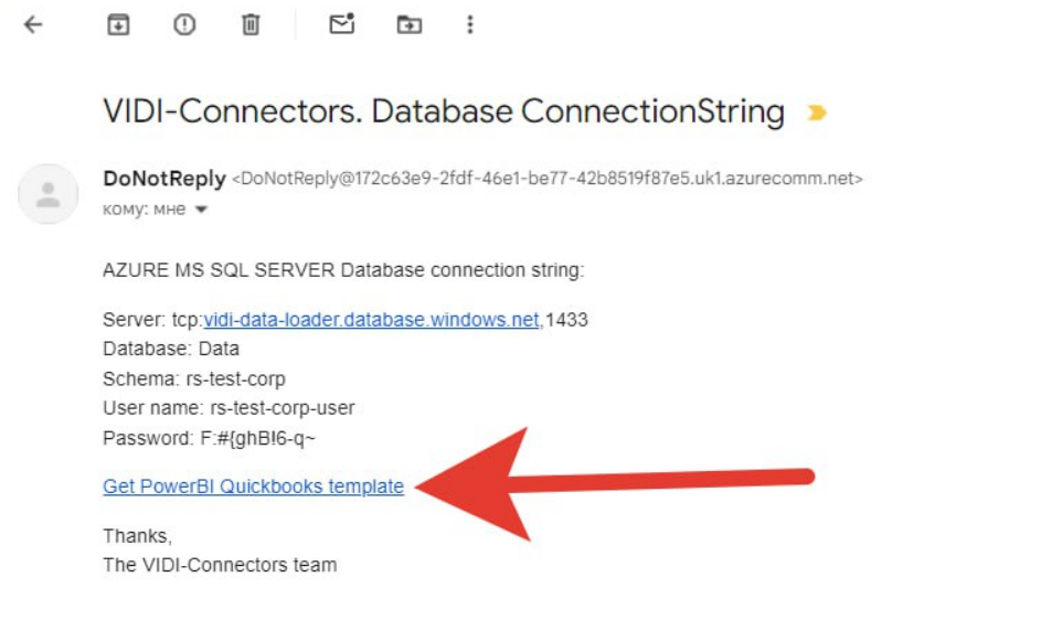 Email with the connection string to the Azure SQL Server database