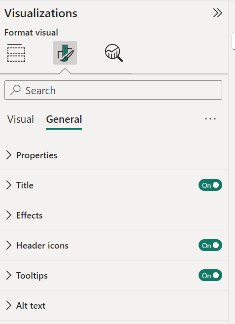 Menu de visuais no formato do Power BI