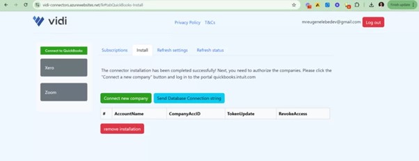 Menu for connecting your Quickbooks account to our Power BI connector