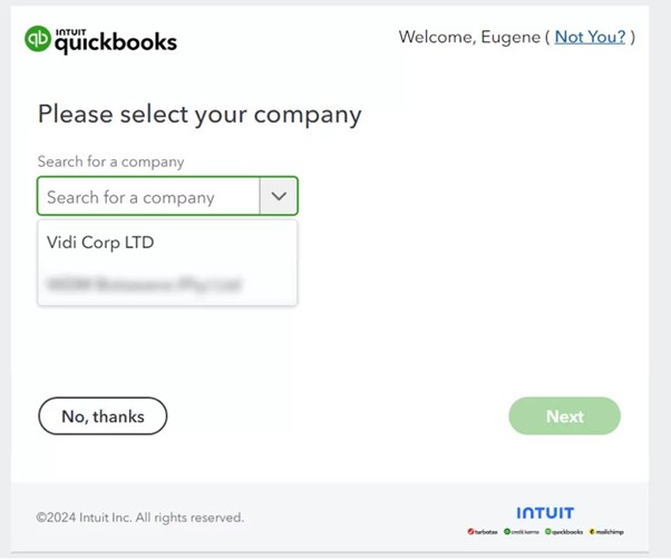 Select Quickbooks Company to connect to Power BI