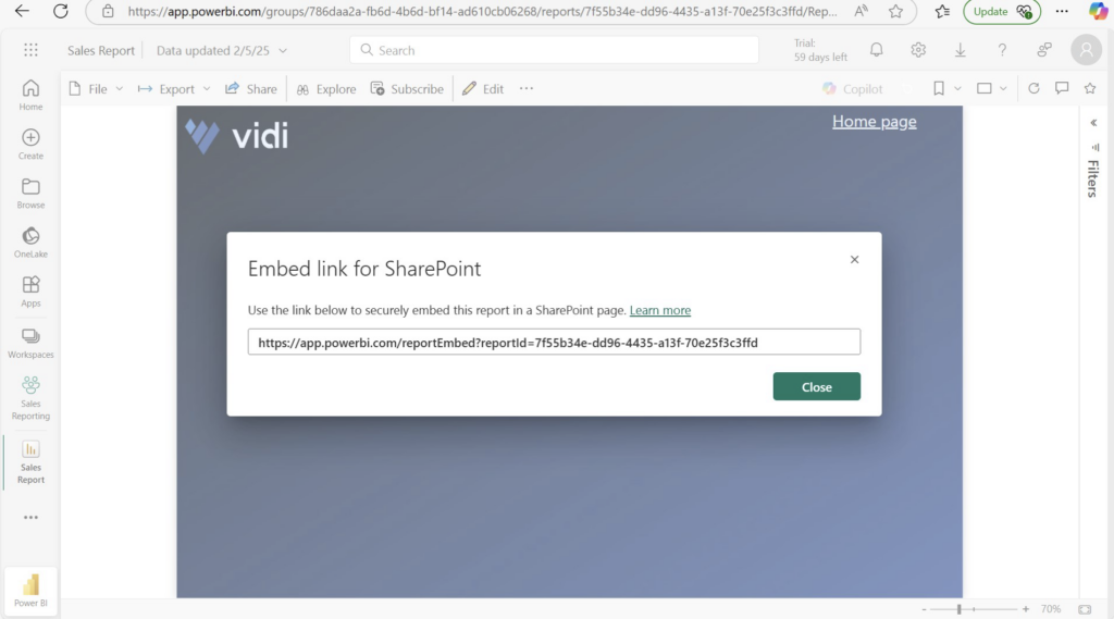 Embed link for Sharepoint to share a Power BI report