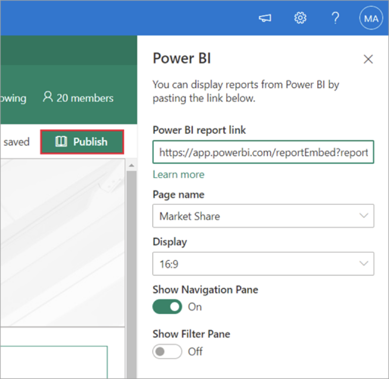 Apply to embed the report on the SharePoint page