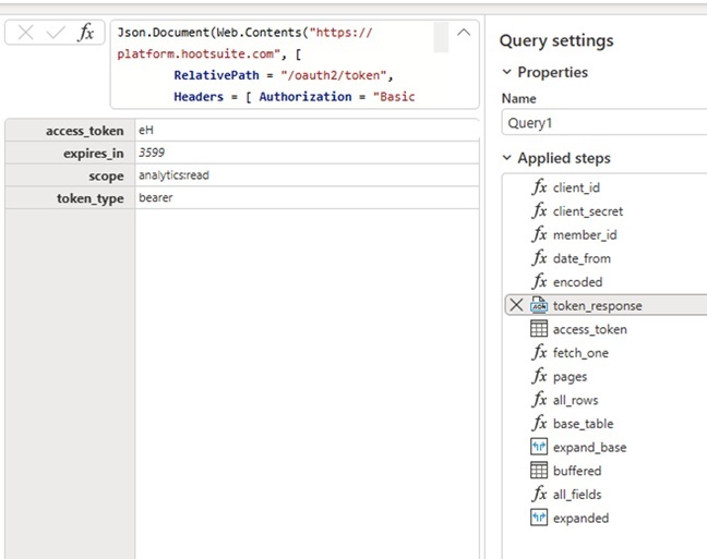 Power Query steps for Hootsuite API connector