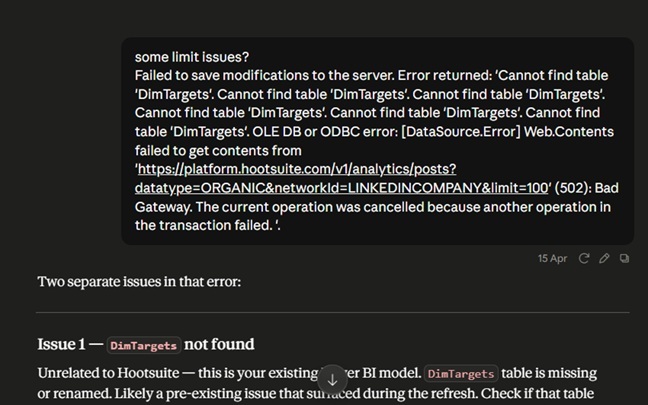 troubleshooting hootsuite API issue in Claude