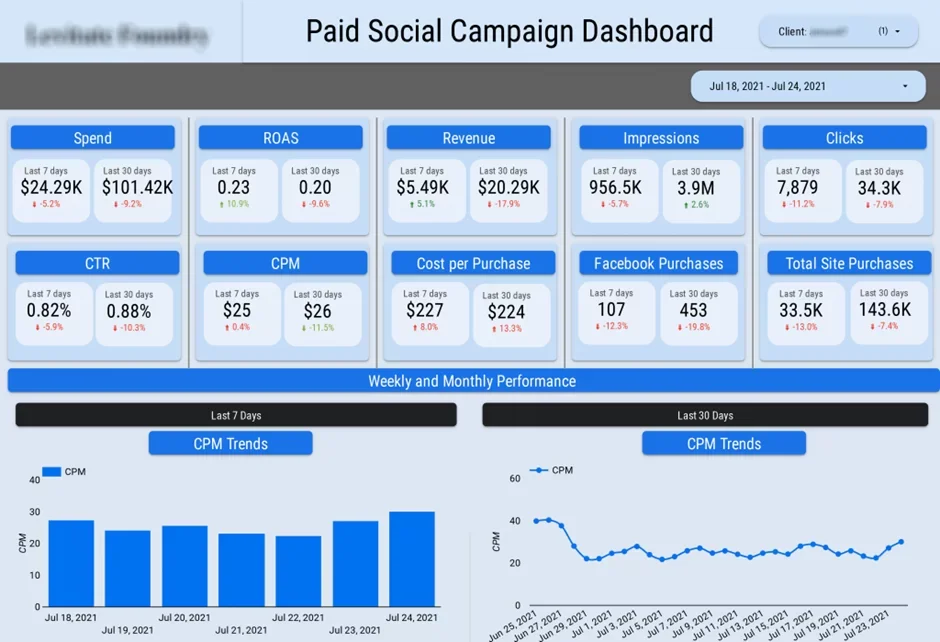 Multi-client PPC agency client dashboard with client and account filters