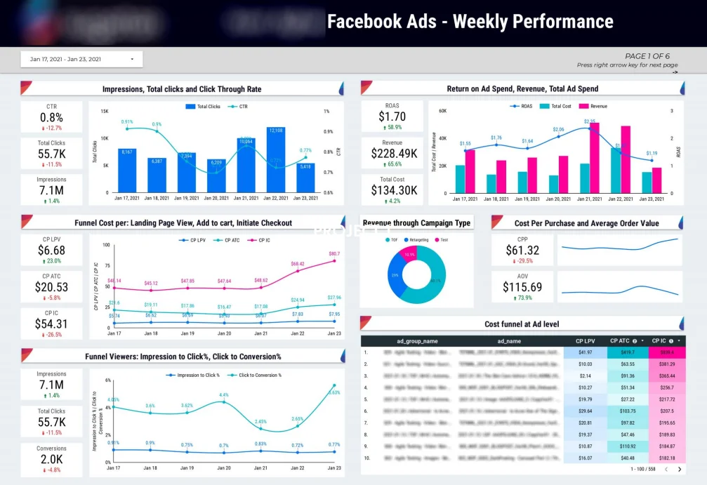 Facebook Ads media agency dashboard showing ad spend, revenue and ROAS.