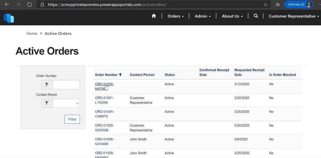 Power Pages active orders