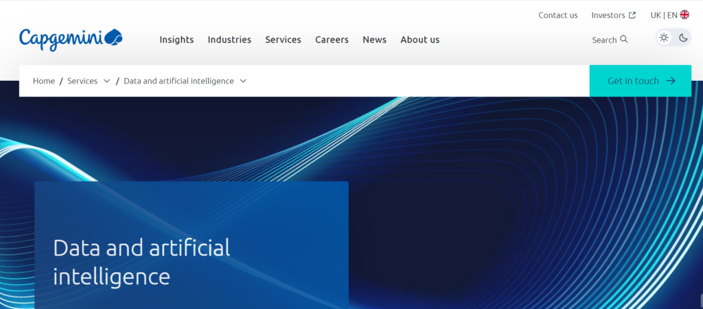 Capgemini UK Data and AI homepage screenshot showing enterprise data, AI and digital transformation services.