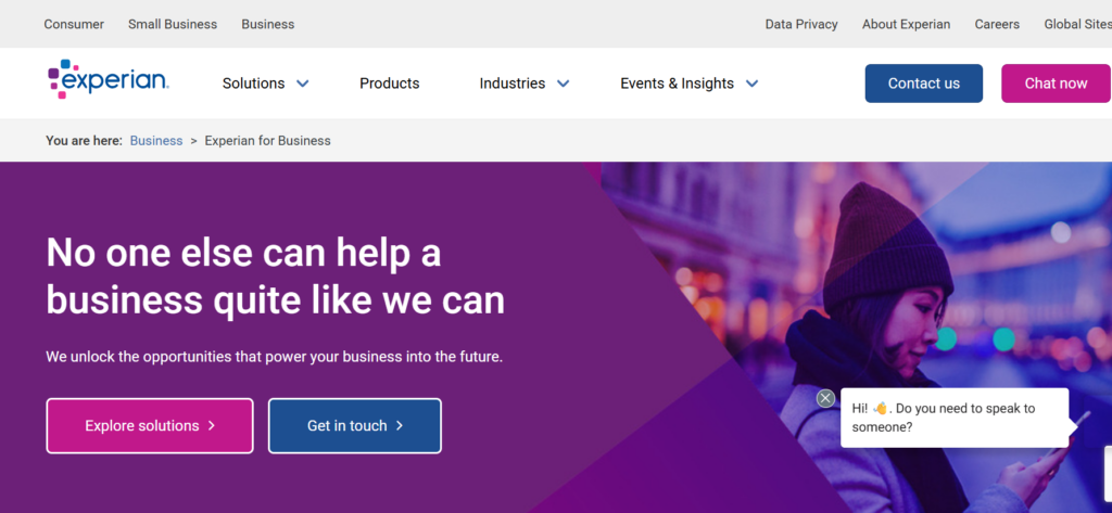 Experian UK homepage screenshot showing advanced data analytics, modelling and business data solutions