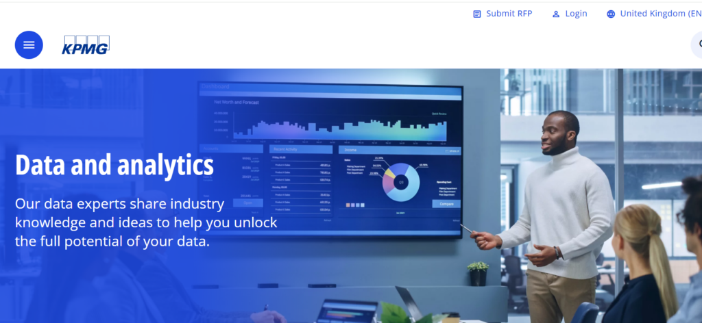 KPMG UK data and analytics homepage screenshot showing data strategy, AI and analytics insights.