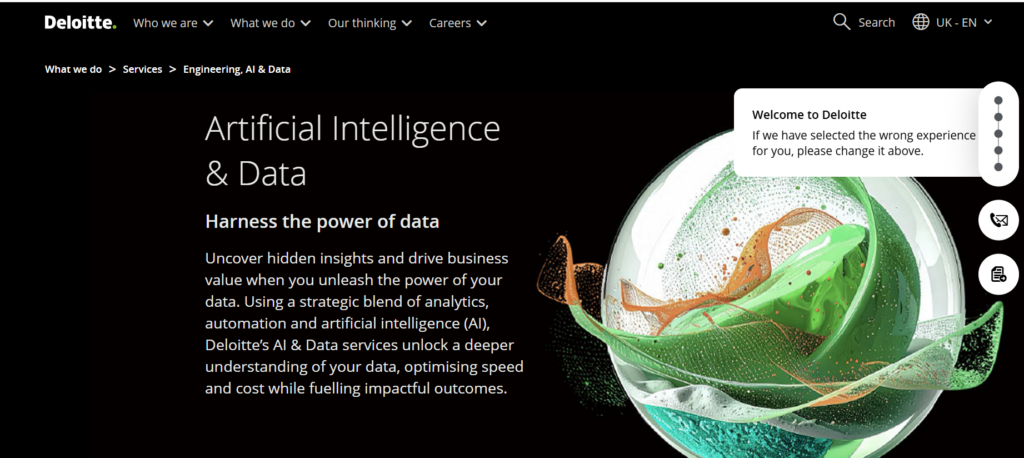 Deloitte UK AI and Data homepage screenshot showing artificial intelligence, analytics and data consulting services.