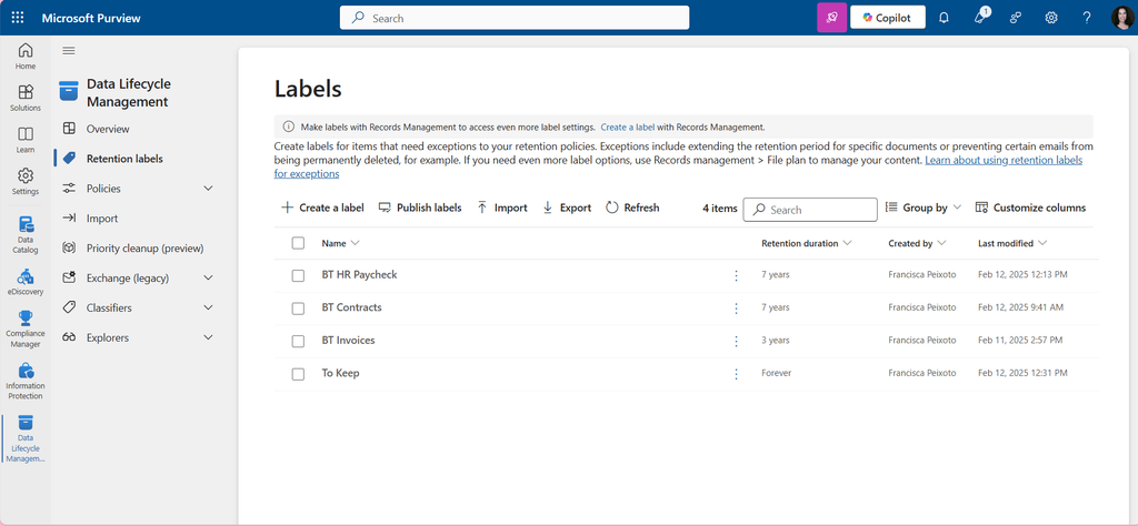 Create Retention Labels in Microsoft Purview