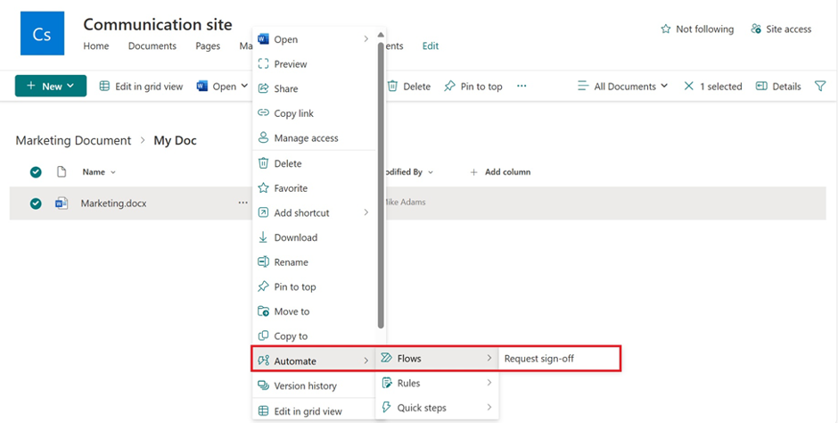 communication site - Document Workflow Automation